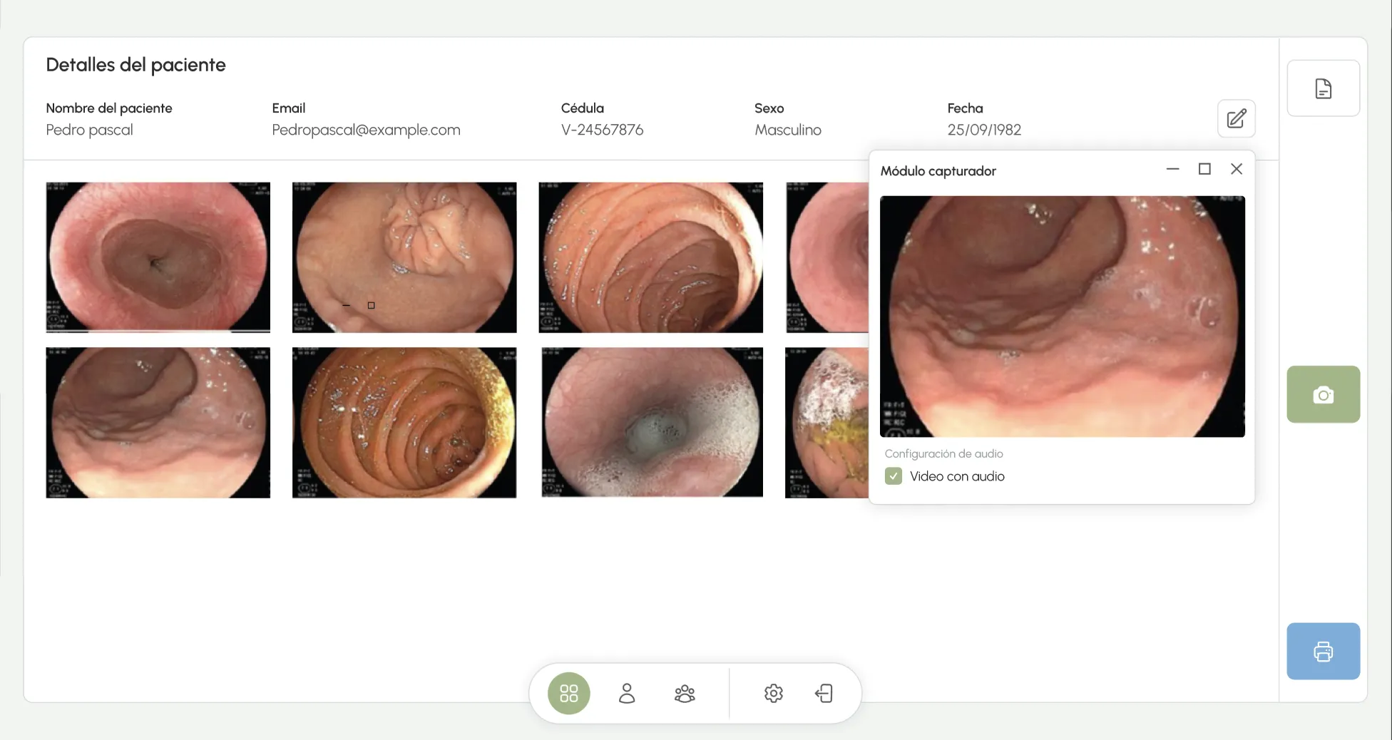 MediFrame — Detalles del paciente con galería del estudio y módulo capturador